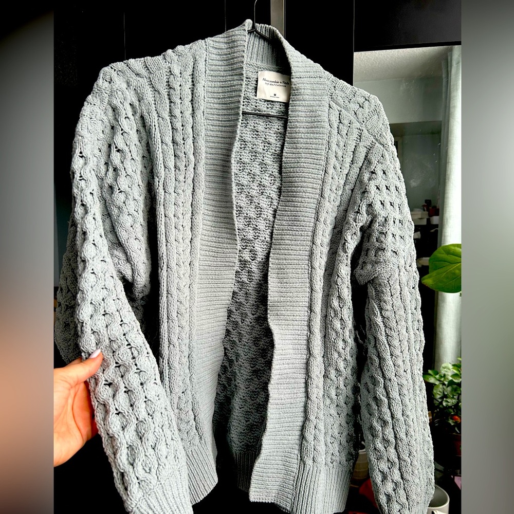 Mint green colour, above waist length, chunky knit cardigan